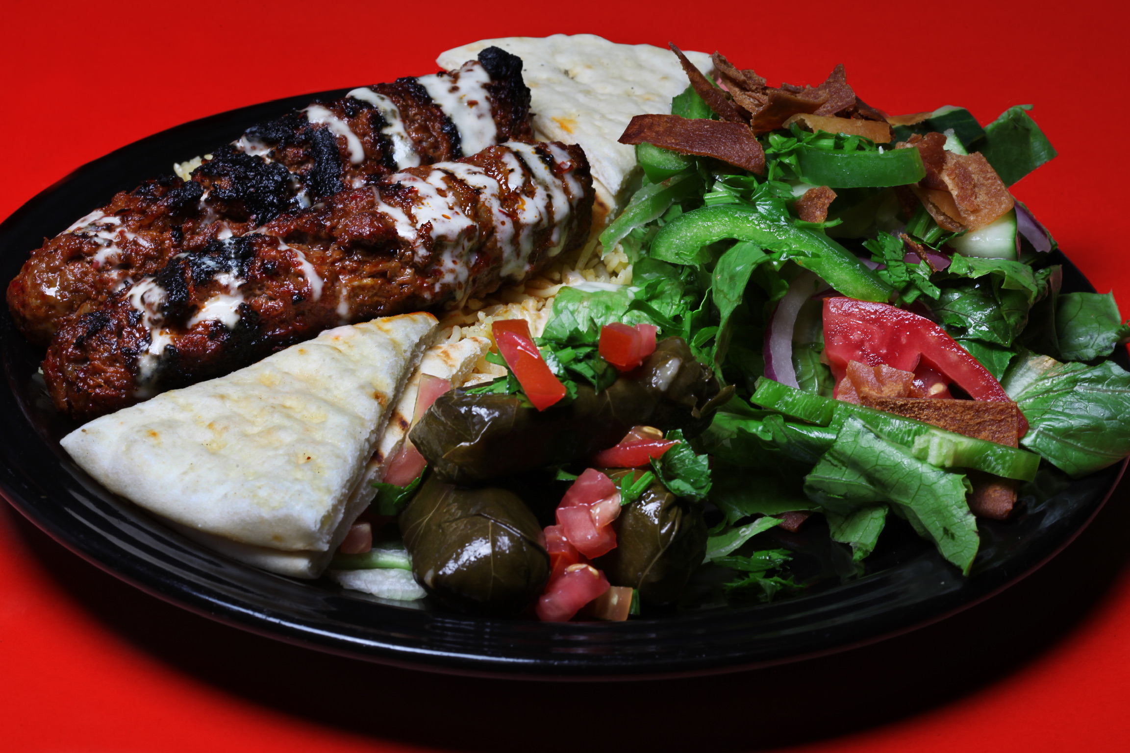Kafta Kabob Platter with Grape Leaves and Fatoush Salad
