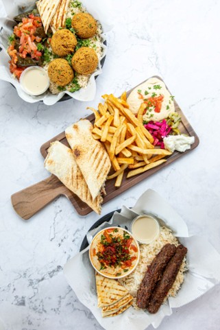 Falafel as part of a plant-based Mediterranean meal at Pita Corner